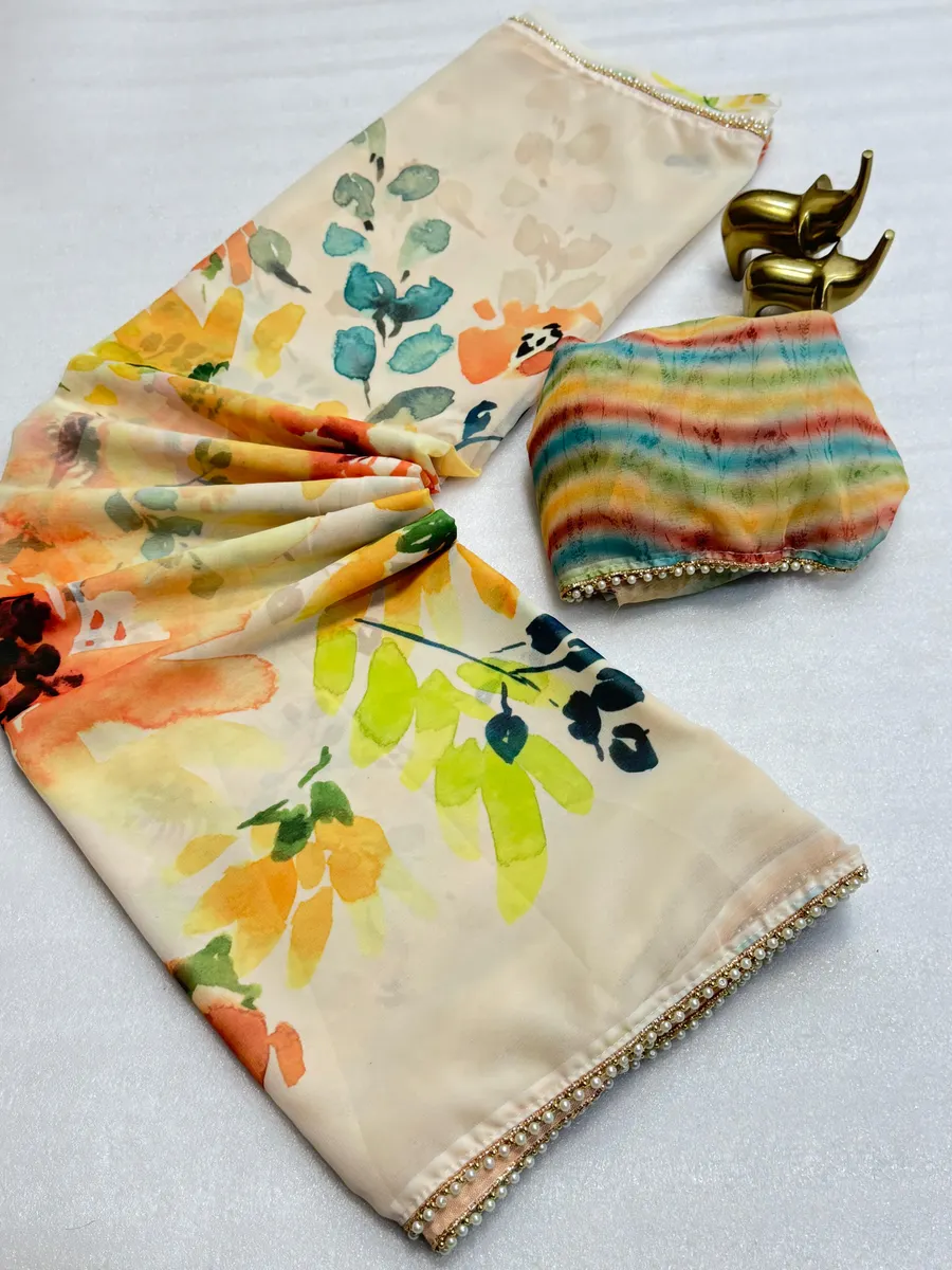 New Arrival Floral Digital Print Chiffon Saree with Handwork Moti Lace Border